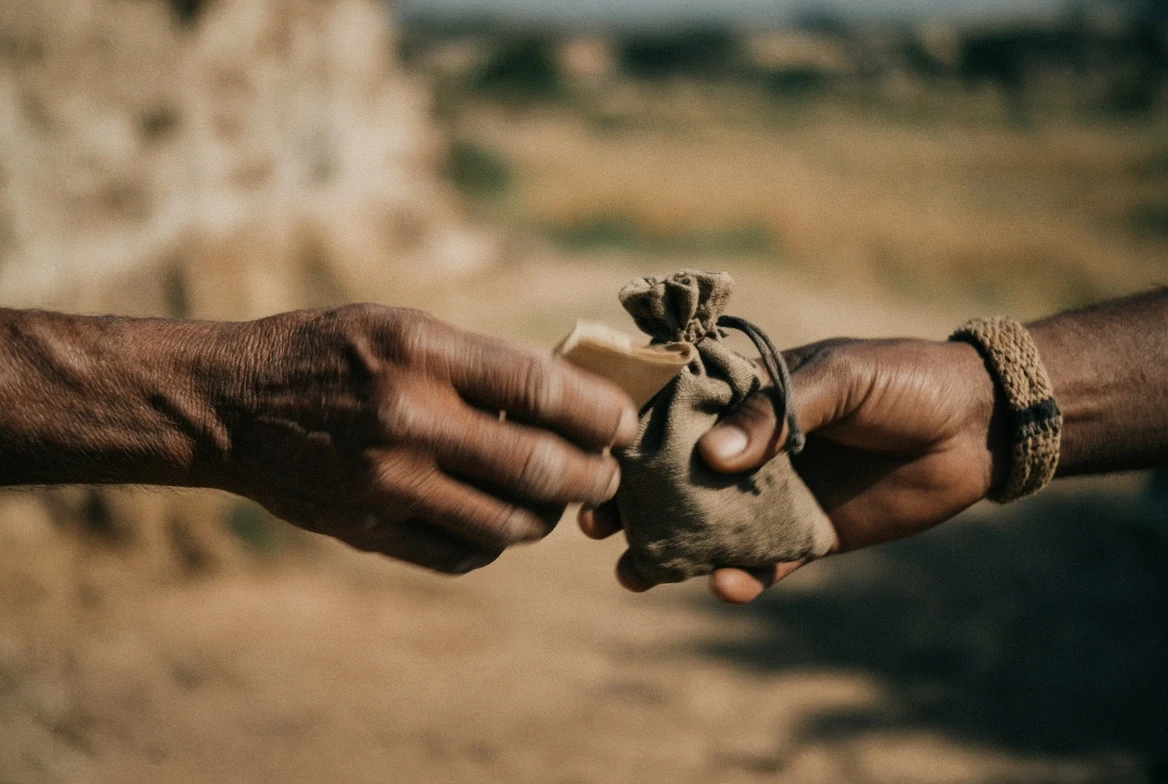 Two hands exchanging a small drawstring pouch and a folded note, mid-route