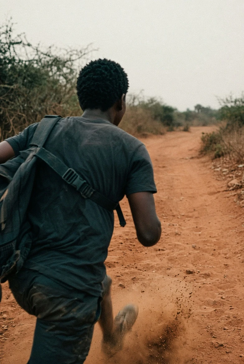 A racer mid-stride on a dirt road