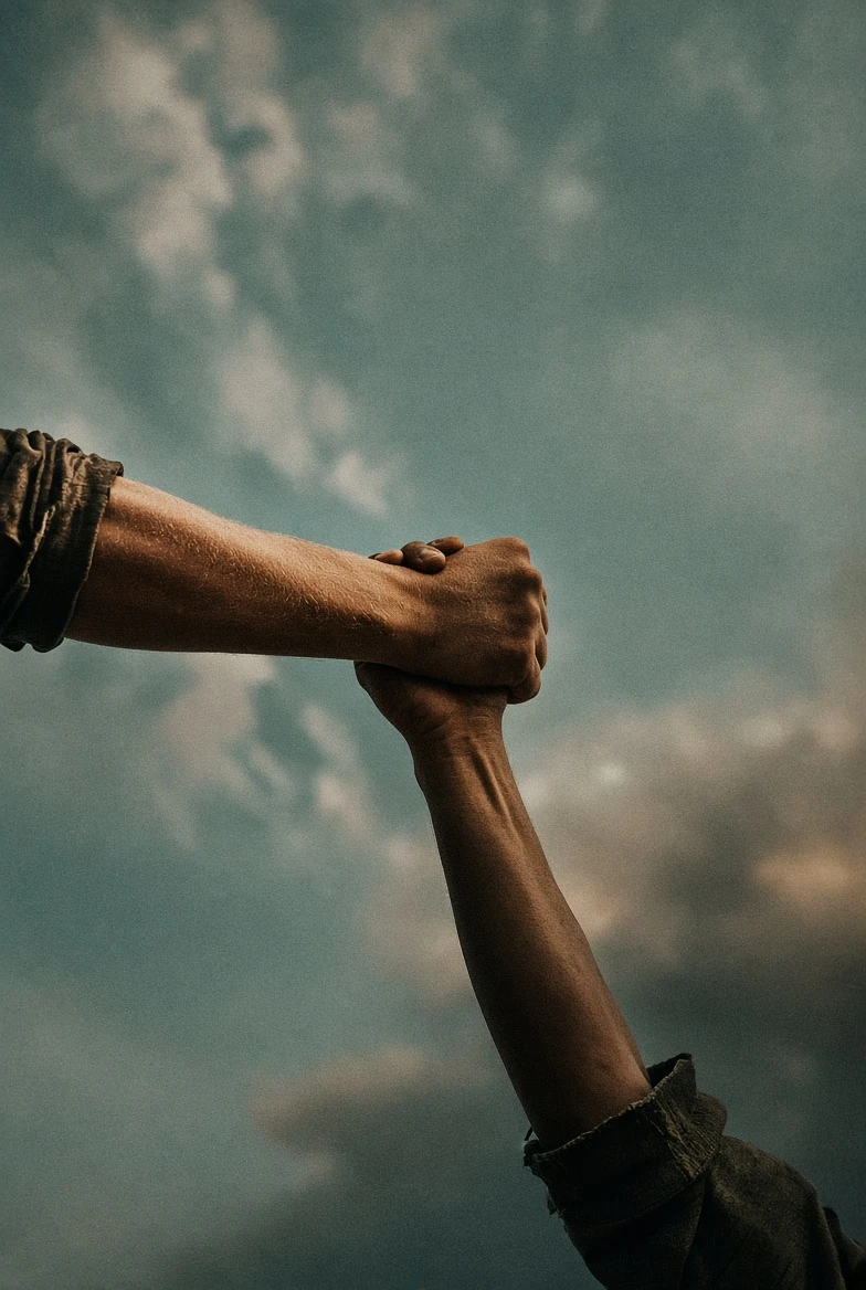 Two forearms clasped together against the sky