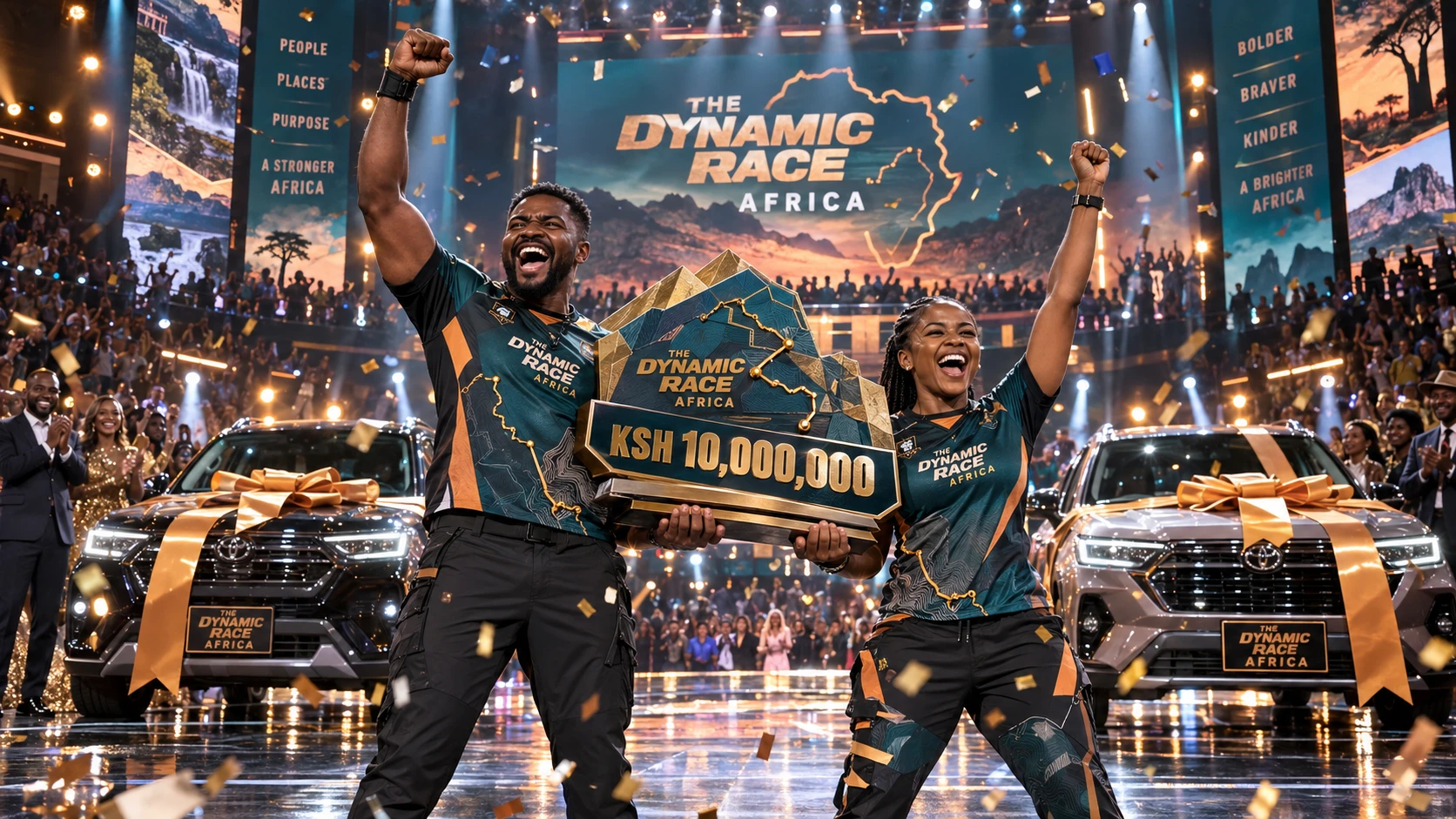 The winning team celebrating on stage with the grand prize and two cars
