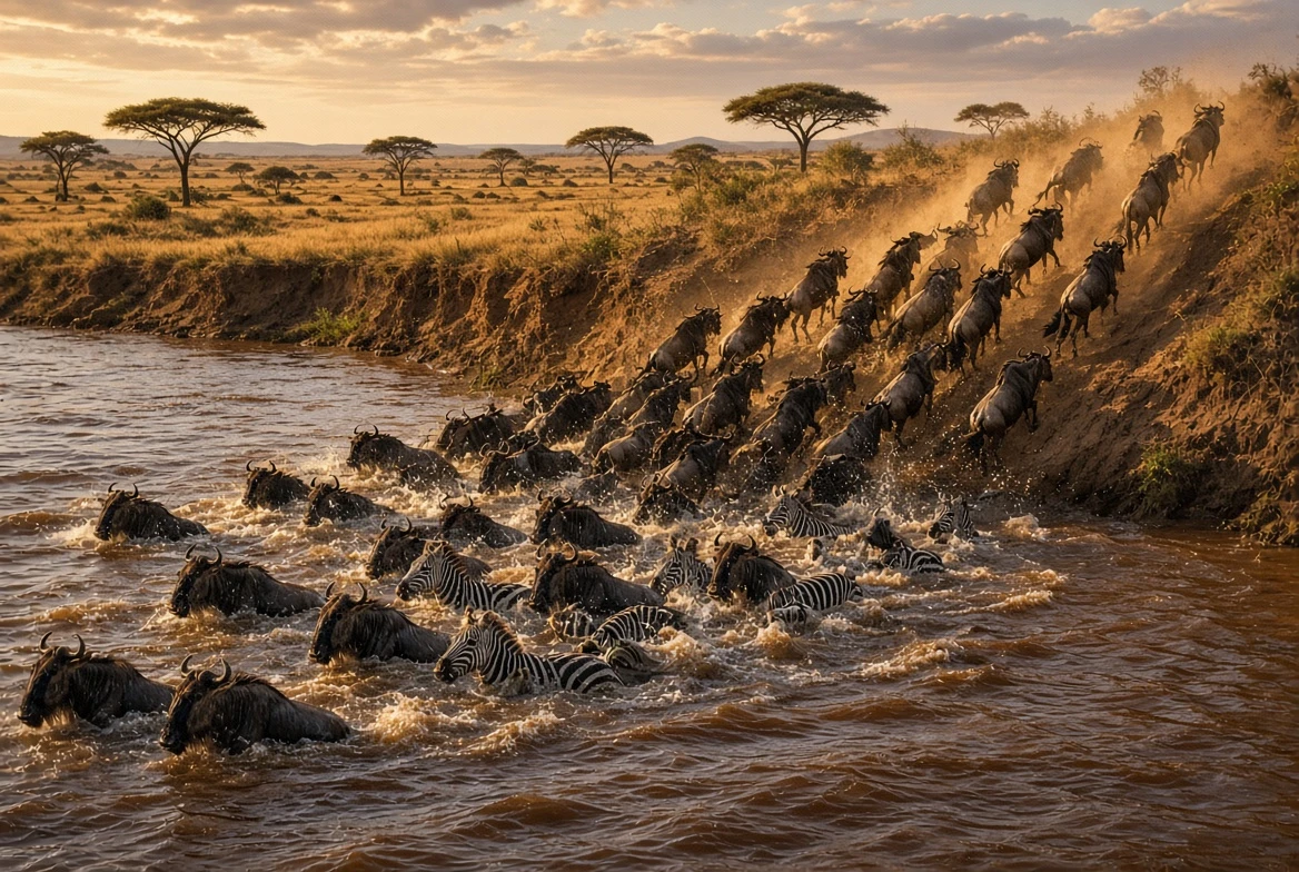 The Great Migration, wildebeest and zebra crossing the Mara River, Kenya