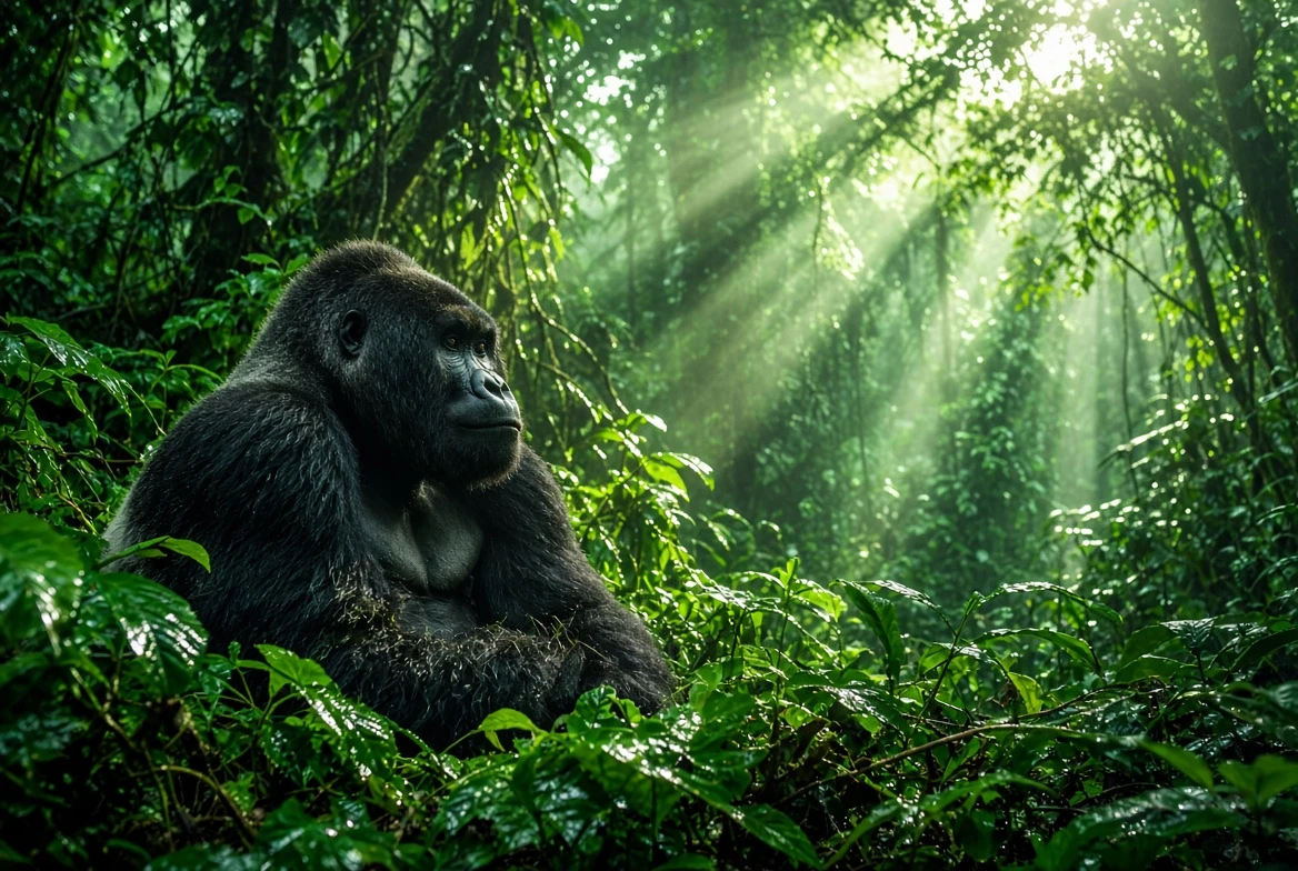 A mountain gorilla in the misty rainforest of Volcanoes National Park, Rwanda