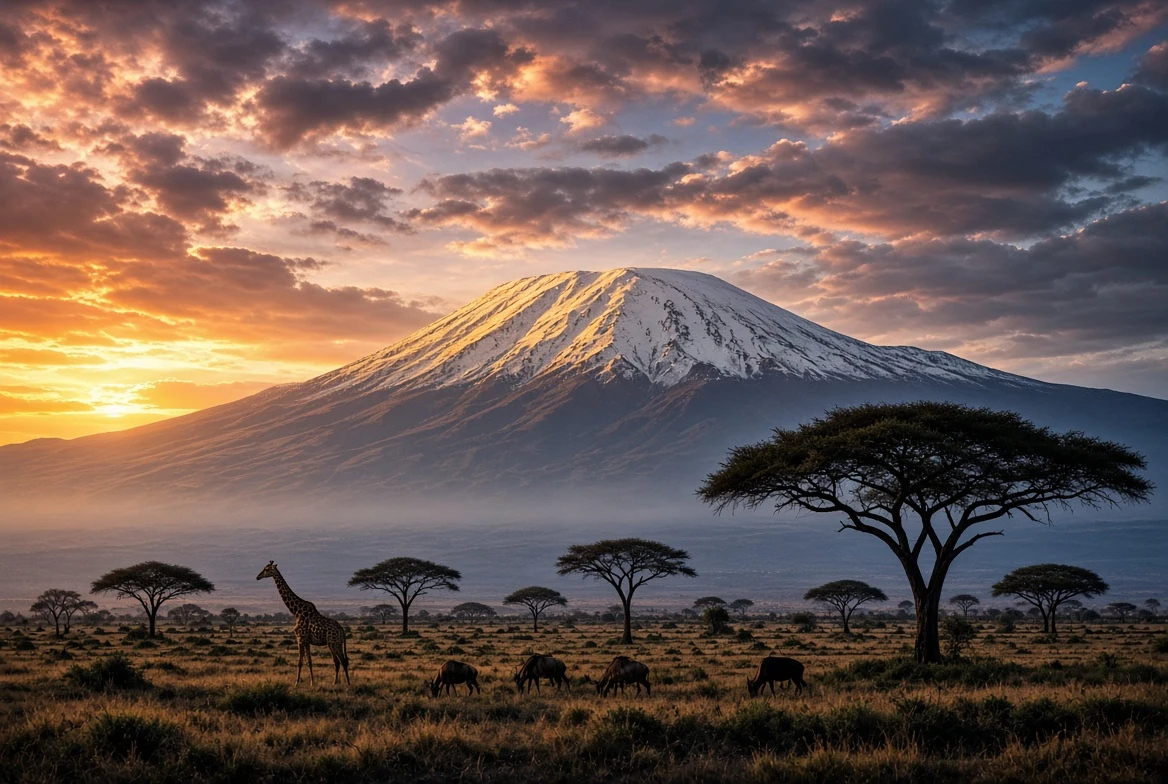 Snow-capped Mount Kilimanjaro at golden sunrise, Tanzania