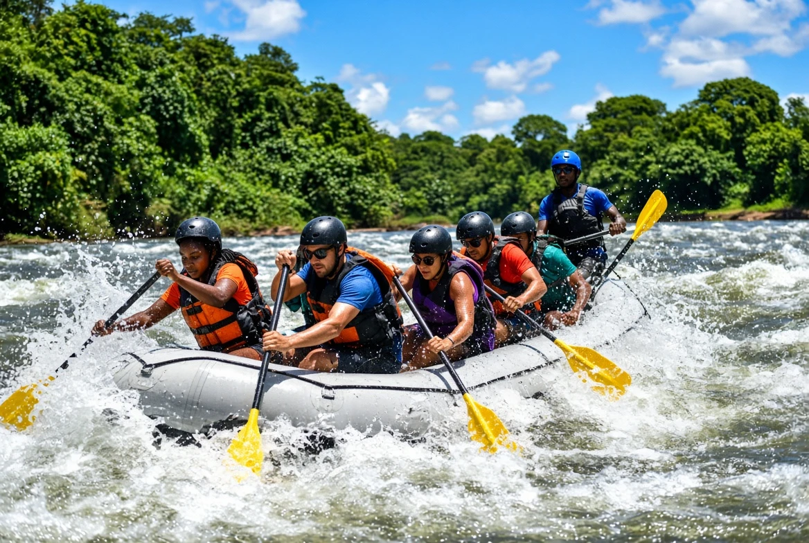 Rafters paddling through white-water rapids on the Nile River, Uganda