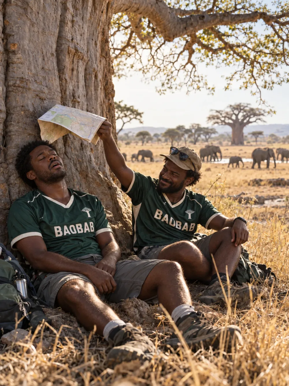 Two friends, team BAOBAB, resting under a baobab tree with elephants in the distance