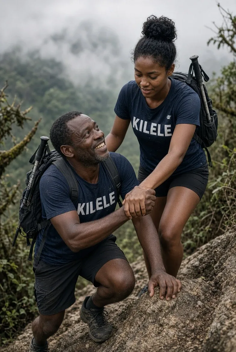 An uncle and his niece, team KILELE, climbing a rocky trail in the mist