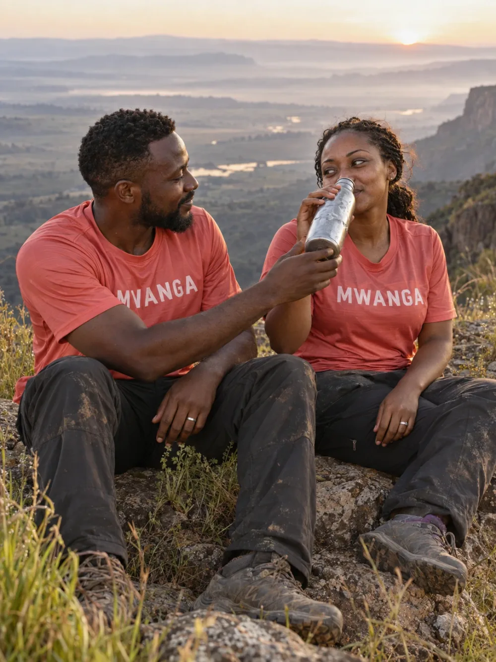 A married couple, team MWANGA, sharing a water bottle on a hilltop at sunrise