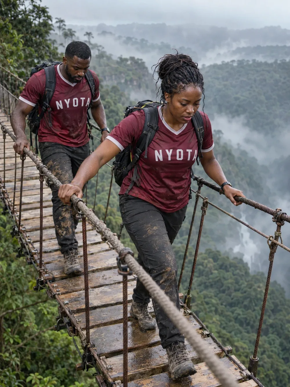 Two workmates, team NYOTA, crossing a rope bridge over a misty forest gorge
