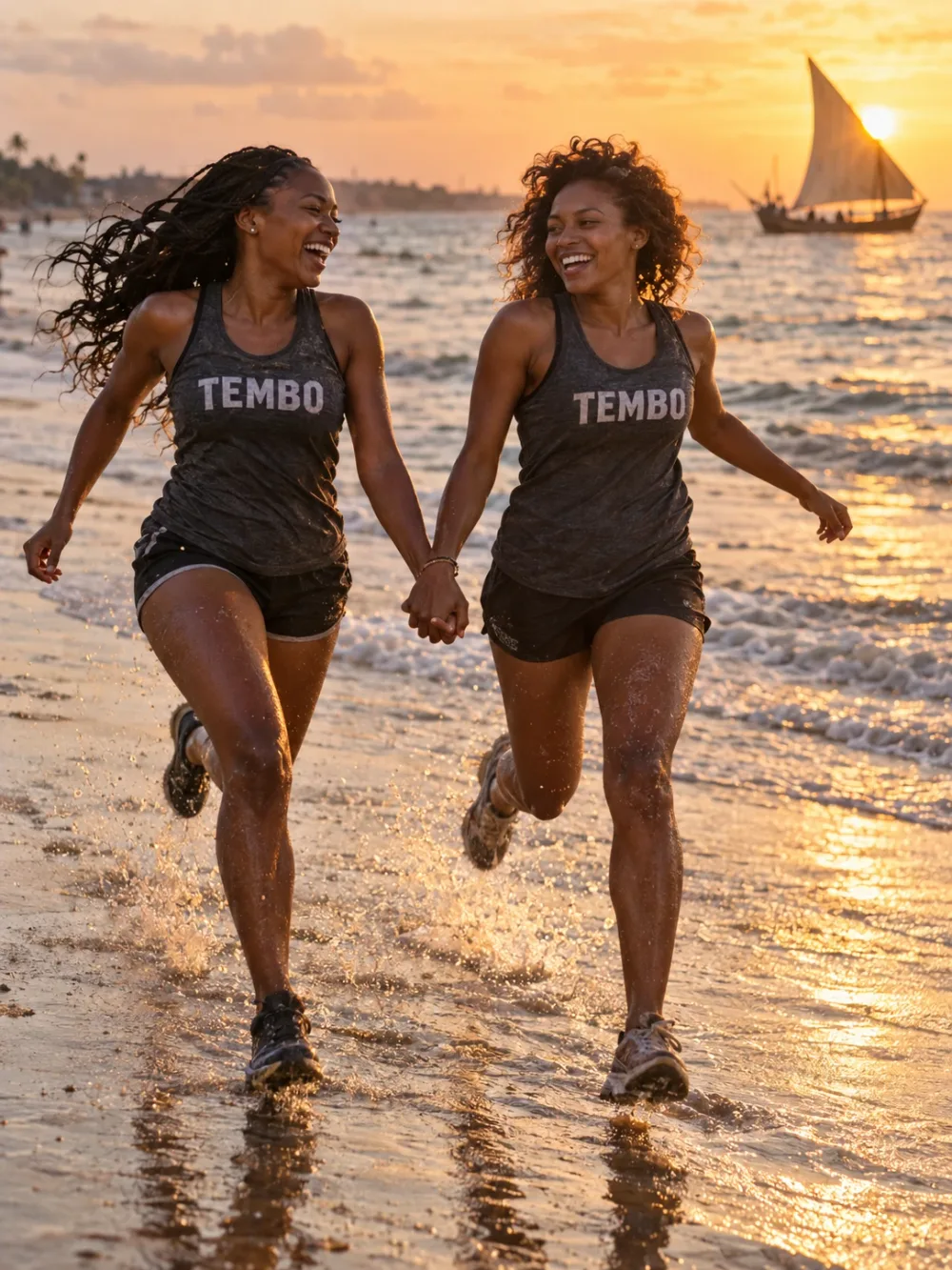 Two best friends, team TEMBO, running hand in hand along the shore at sunrise