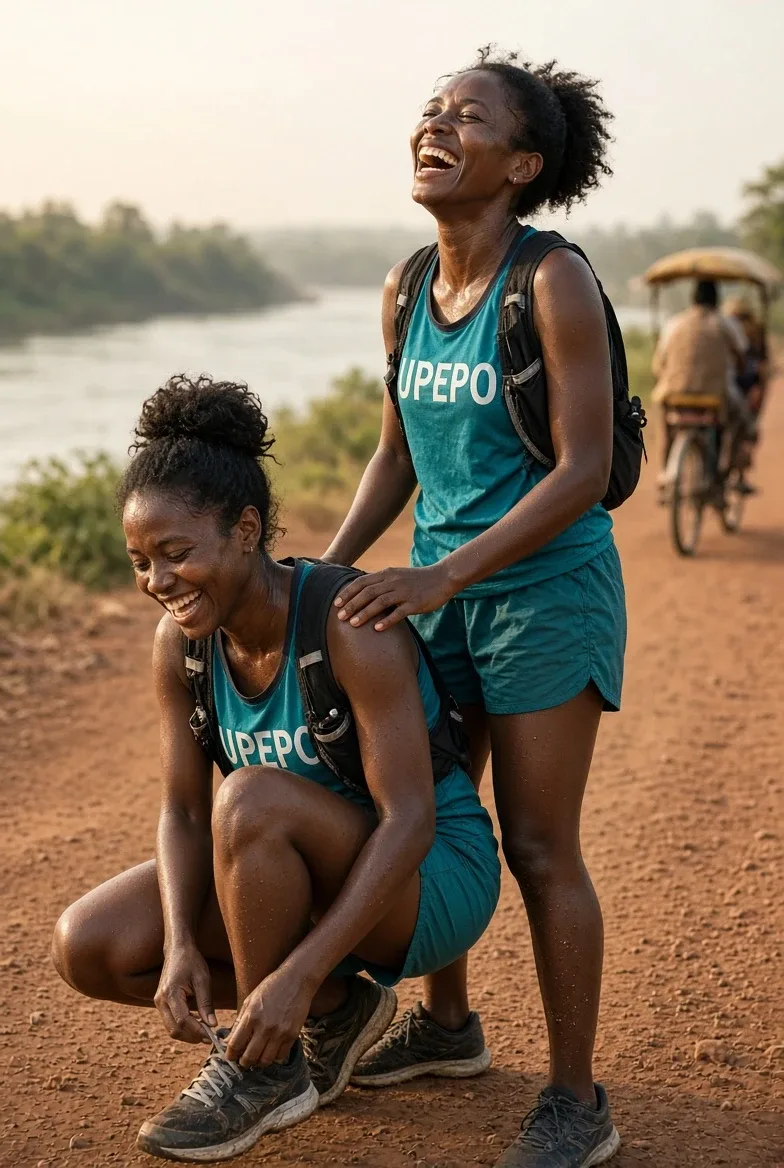 Two sisters, team UPEPO, laughing as one ties a shoelace on a dirt road by the Nile
