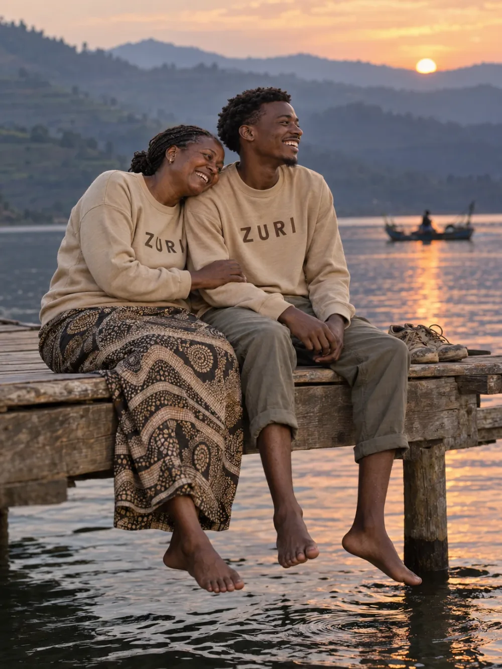 A mother and her son, team ZURI, laughing together on a jetty at sunset